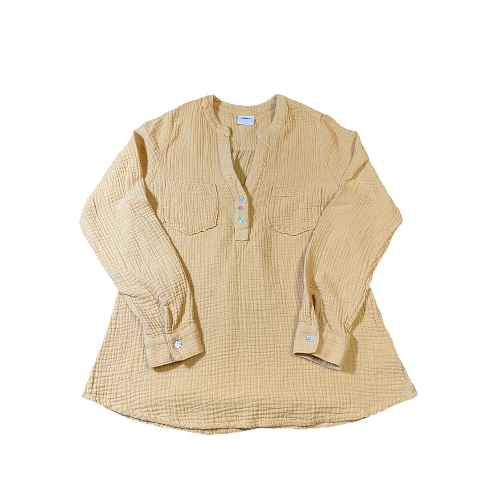 Mote Women Small Gauze Cotton Henley Shirt Long Sleeve Mustard Yellow Top Tunic
